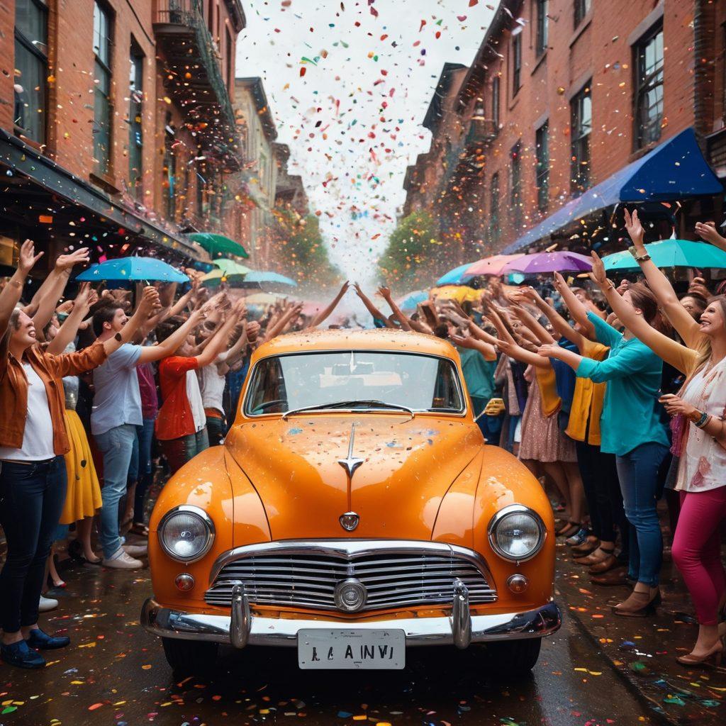 A lively scene depicting a diverse group of car enthusiasts joyfully gathering around a vintage car, with colorful confetti raining down from above. The atmosphere is electric, showcasing the vibrant colors of their outfits and cars, while a dynamic skyline looms in the background. Emphasize excitement and passion in their expressions, as sound waves visually resonate around them like musical notes. super-realistic. vibrant colors. 3D.