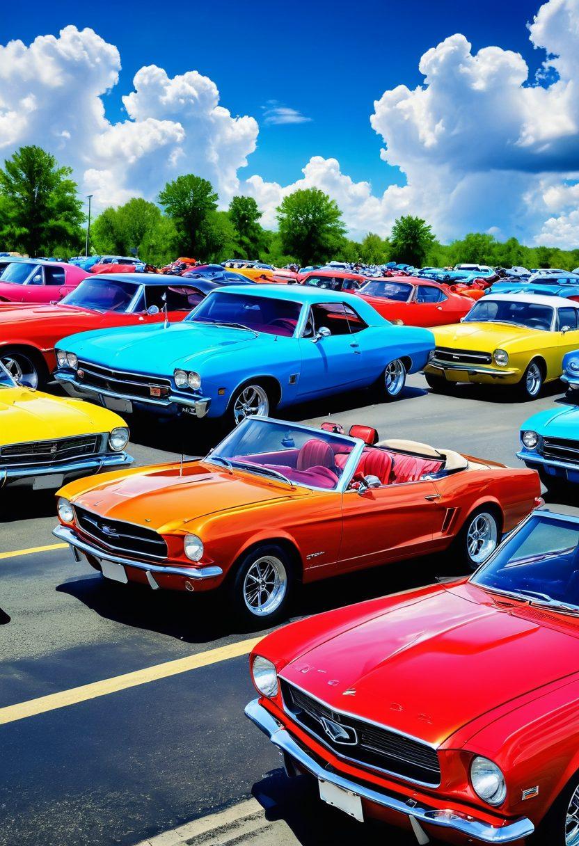 A vibrant scene depicting diverse car enthusiasts gathered at a lively car show, surrounded by colorful classic and modern vehicles emitting dynamic sound waves. The backdrop features a bright blue sky with fluffy clouds and music notes floating in the air, symbolizing joy and passion for automotive culture. Include a variety of people of different ages and backgrounds, smiling and engaged in conversations about their favorite cars. super-realistic. vibrant colors. dynamic composition.