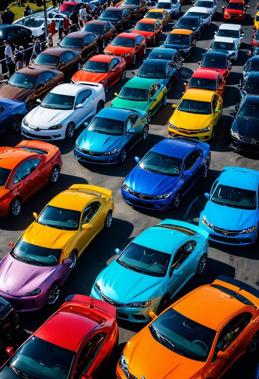 A dynamic scene capturing a diverse group of automotive enthusiasts at a vibrant car show, surrounded by colorful cars with open hoods showcasing powerful engines. The atmosphere is lively, filled with sound waves and musical notes rising from the engines, symbolizing the connection between passion and power. Bright sunlight and vivid banners add to the energy, while people of various ages express their excitement. semi-realistic. vibrant colors. dynamic composition.